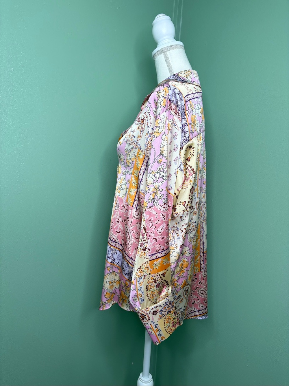 Zara Patchwork Floral Satin Button-Down Shirt - Pink, Cream, Lavender, Gold - Picture 3 of 10